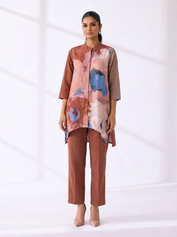 Brown Abstract Print Mandarin Collar Kurta Set — CLOS