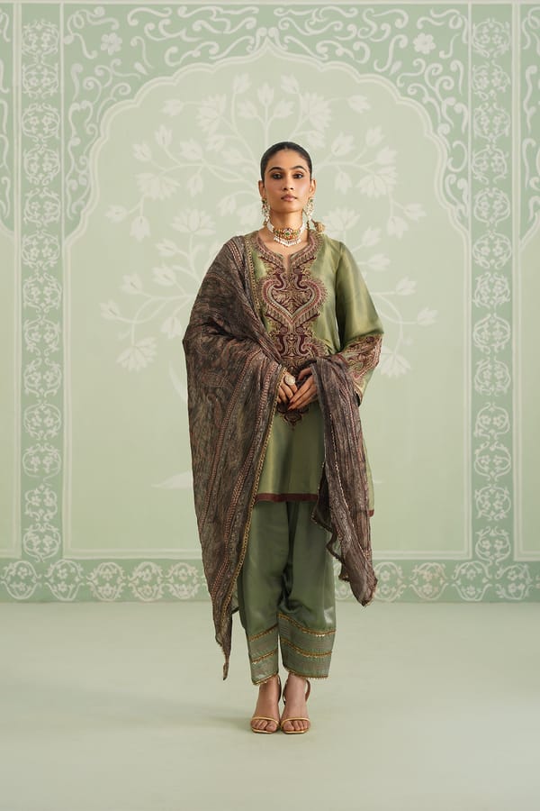 Green Shimmer Satin Embroidered 3-Piece Kurta Set — NEETIKA CHOPRA
