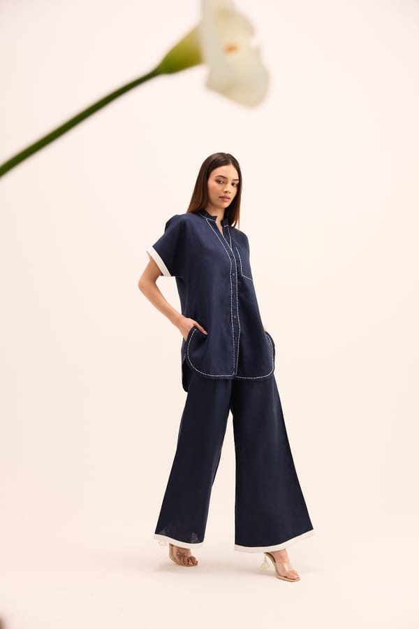 Blue Linen Shirt and Flared Trouser Co-ord Set — Prink Tonic