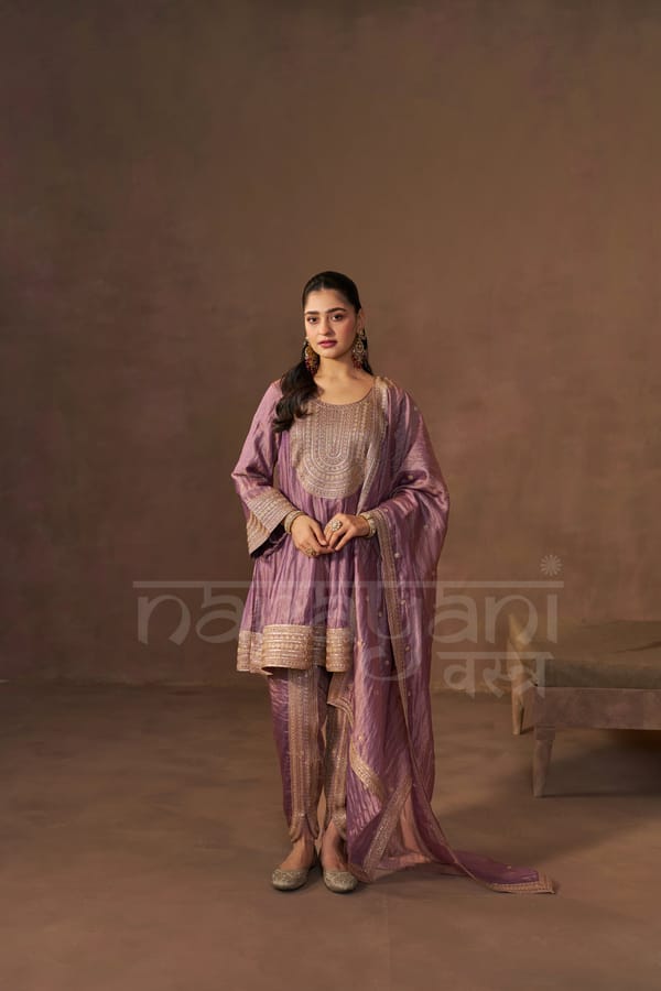 ZAREEN - Antique Mauve Tissue-Organza Anarkali Set — NARAYANI VASTRA