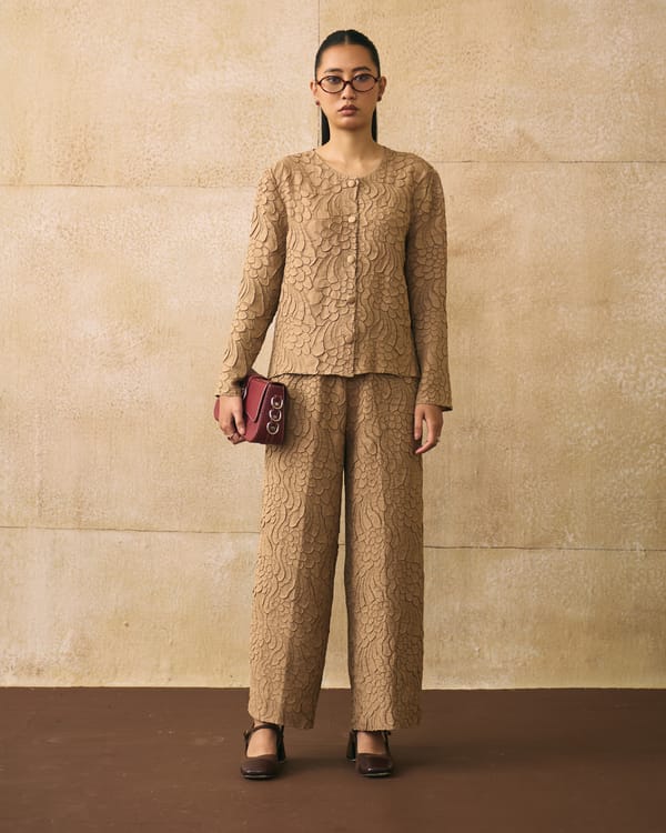 Beige Textured Button-Front Co-ord Set — Pleats by Aruni