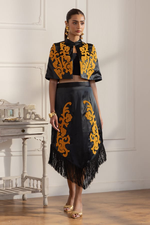 Gold Embroidered Cap Jacket Skirt Set — BOHO-CHIC