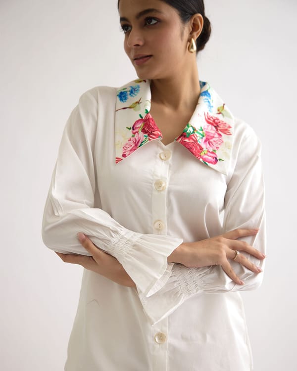 White Cotton Satin Shirt with Floral Statement Collar — THE FINICKY COLORIST