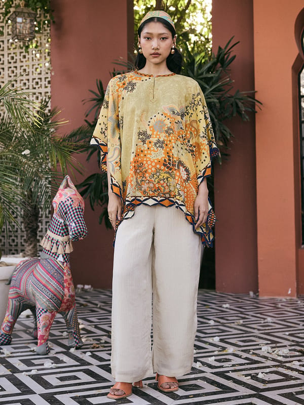 Yellow Printed Kaftan Top with Cutwork Edges — SAUNDH