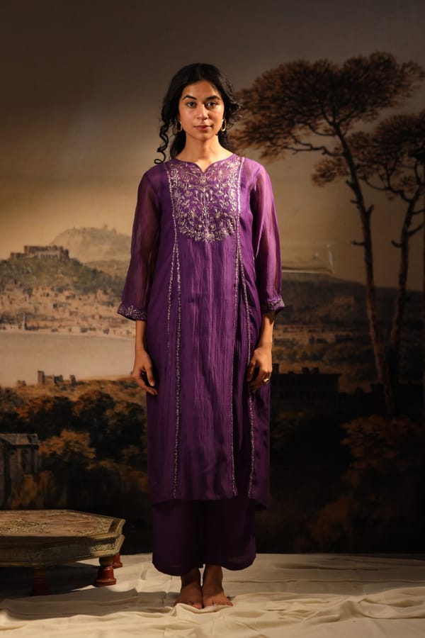 Purple Chanderi Embroidered Kurta Set with Pants and Slip — Tatwa Designs