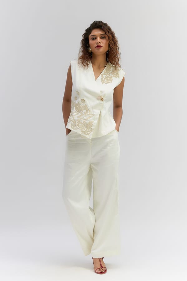Pearl Twill Floral Applique Waist Coat, Pant — Itara an another