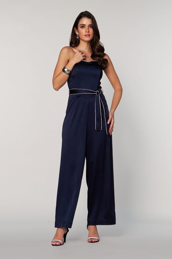 Navy Satin Strapless Sweetheart Jumpsuit with Belt — Style Island