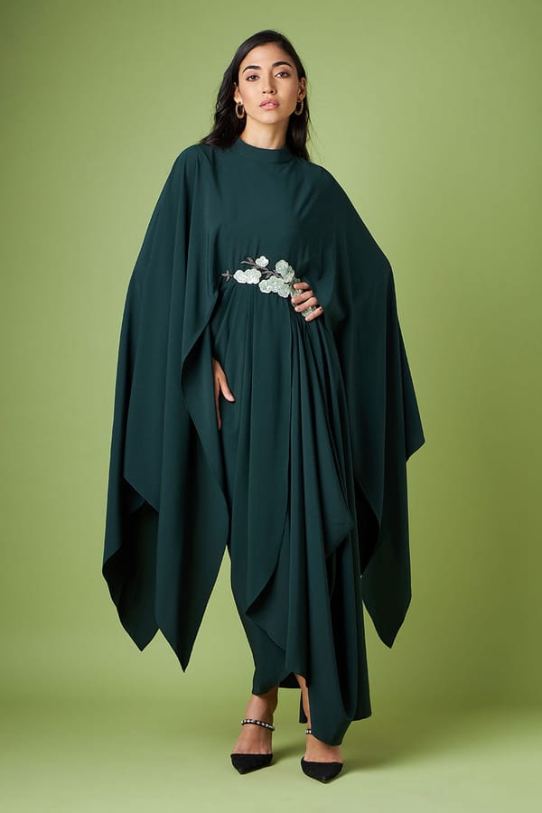 Bottle Green Sequin-Embroidered Cape Drape Maxi Dress — Aakaar