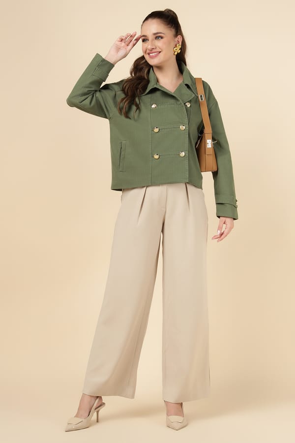 Green Double-Breasted Tailored Jacket with Gold Buttons — ASPRIN FASHION