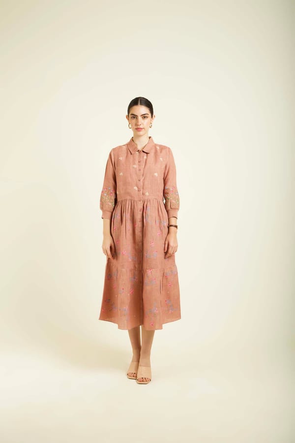 Almond Linen Printed Tiered Midi Shirt Dress — Arcvsh Pallavi Singh