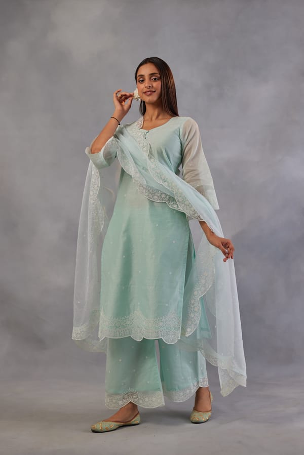 Mint Green Chanderi Embroidered Straight Suit Set — NARAYANI VASTRA