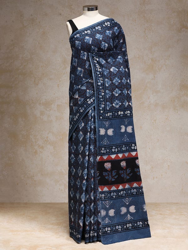 Indigo Handblock Printed Diamond Motif Ajrakh — BINKS