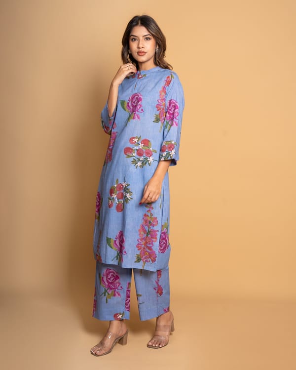 Moonflower Blue Digital Print Cotton Kurta Set (Set of 2) — Kameez