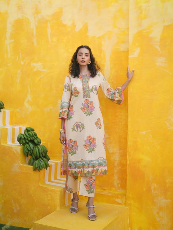 Coral Peach Tropical Printed Straight Kurta Set with Pants — TASHA INDIA