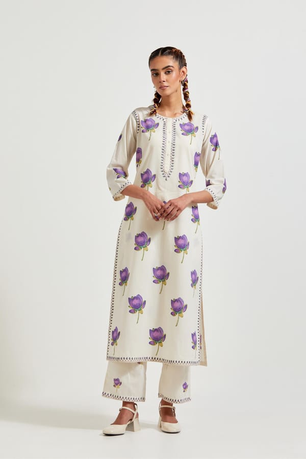 Off White/Purple Cotton Straight Kurta Set — Upavita