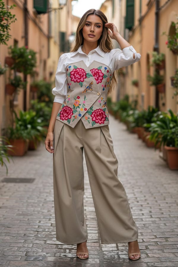 Beige and White Embroidered Co-ord Set with Wide-Leg Pants — BOHO-CHIC