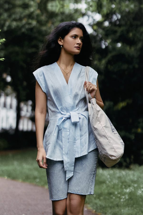 Summer Blue Hemp Wrap Top with Front Tie — REISTOR