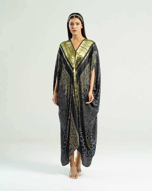 Black and Gold Bandhej Print Zari Detail Kaftan — Mayura Kumar
