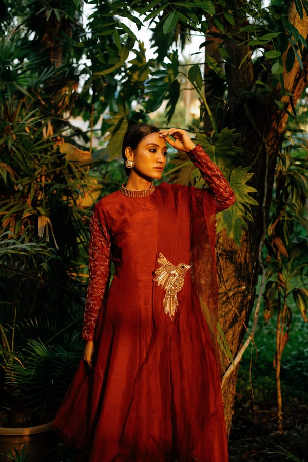 Maroon Kali Kurta Set With Embroidered Sleeves — SHRISTICHETANI