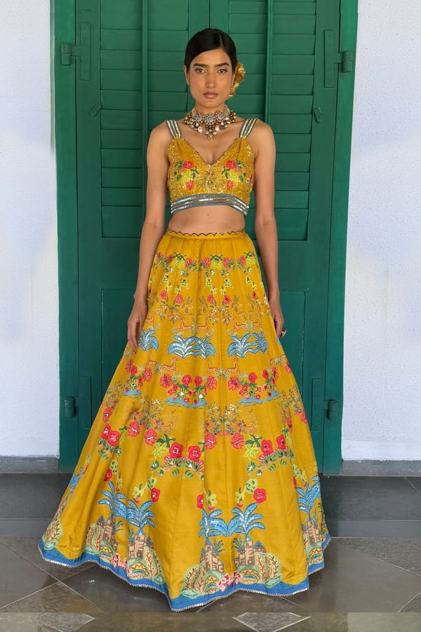 Mustard Printed Lehenga Set with Sequin Embroidered Blouse — Basil Leaf
