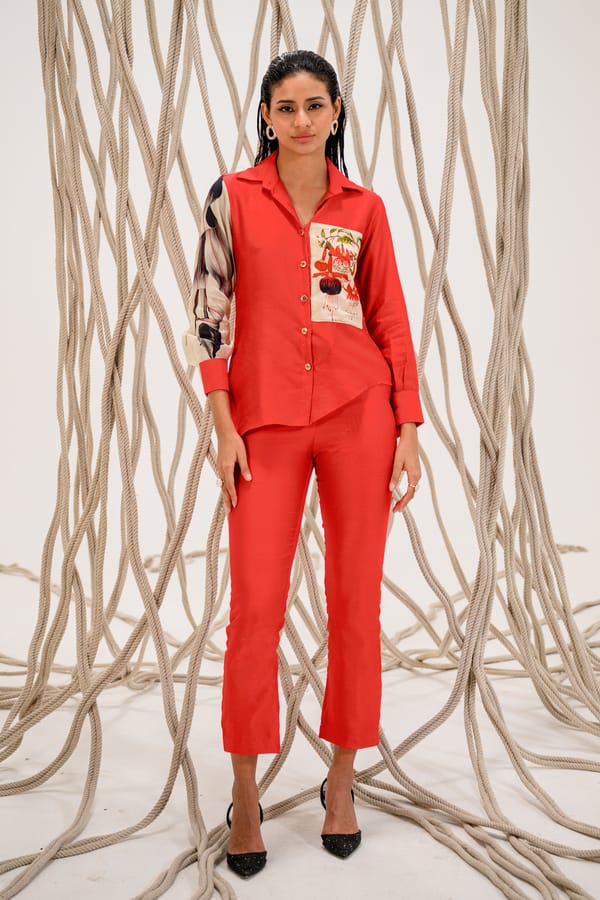 Red Chanderi Silk Shirt with Printed Sleeve — The Dramebaaz Company