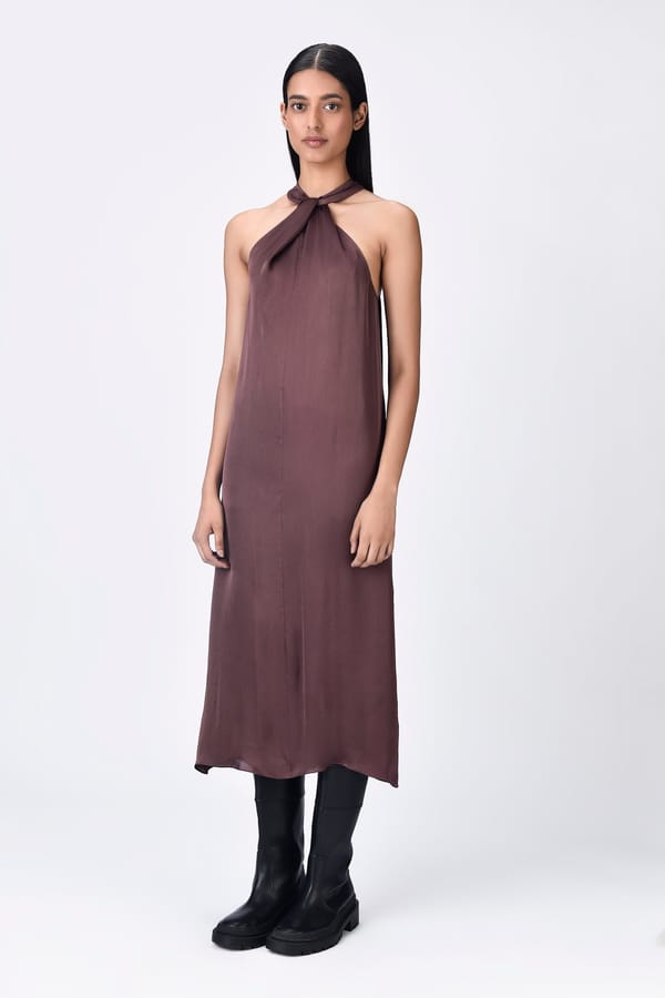 Chocolate Brown Satin Halter Neck Maxi Dress — Genes Lecoanet Hemant