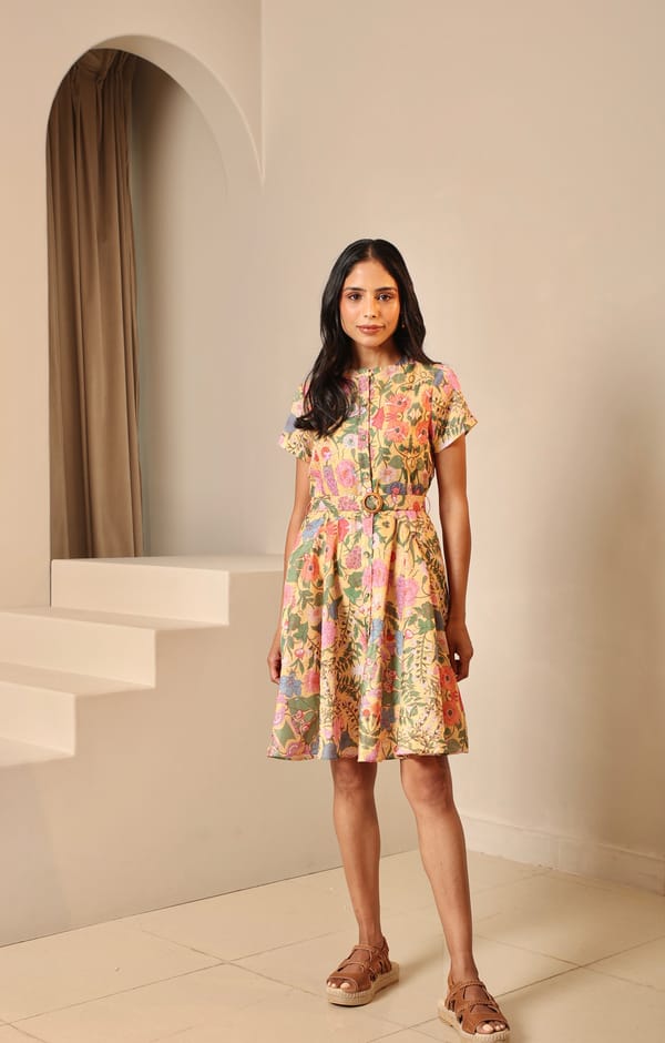 Yellow Botanical Printed Belted Fit and Flare Dress — MANVI DAGA STUDIO