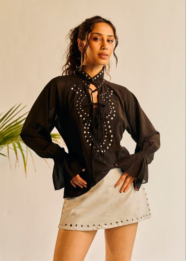 Black Sheer Studded Tie-Up Blouse with Full Sleeves — Lea Clothing