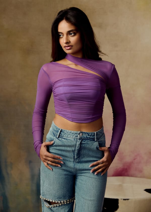 Arfa Purple Asymmetrical Neckline Ruched Mesh Corset Top — Lea Clothing
