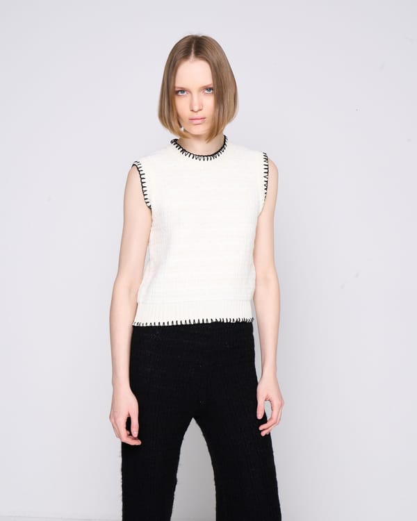 Milk White Sleeveless Knit Top with Black Contrast Trim — SILVIAN HEACH