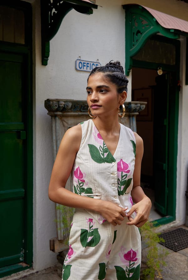 White/Pink Floral Handloom Cotton Waistcoat — JODI