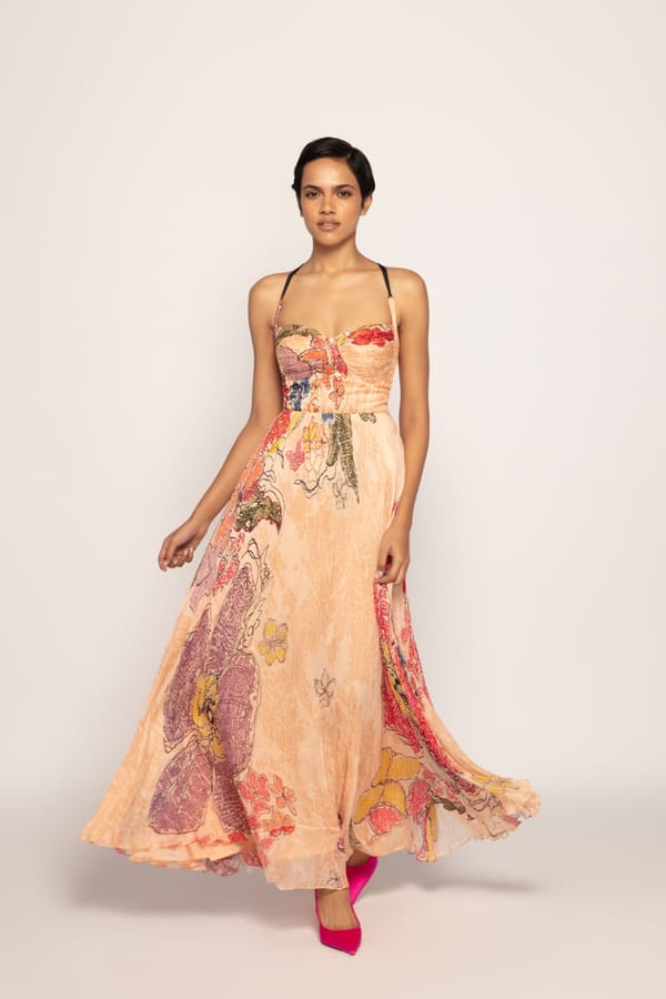 Peach Chiffon Printed Micro-Pleated Maxi Dress — Saaksha and Kinni