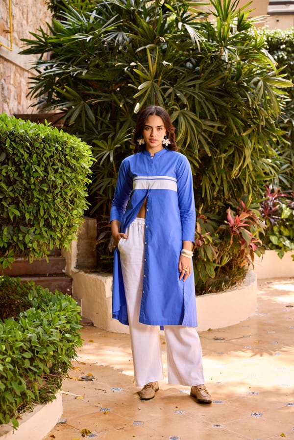 Electric Blue Colorblocked Kurta Set with White Pants — Eko Clothing