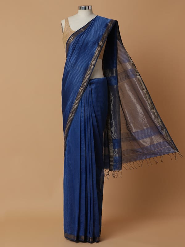 Maheshwari Cotton Silk Indigo blue Golden Zari — BINKS