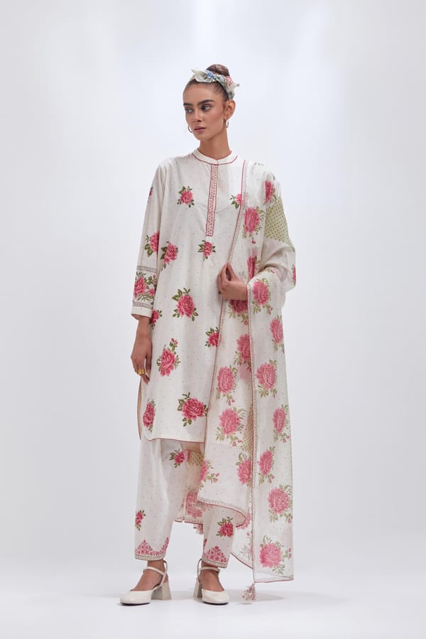 Off-White Floral Hand Block Print Cotton Kurta Set — Upavita