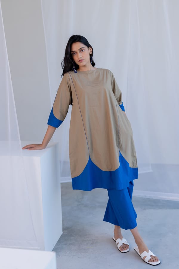 Beige and Blue Colorblocked Cotton Poplin Kurta Set — Silai studio