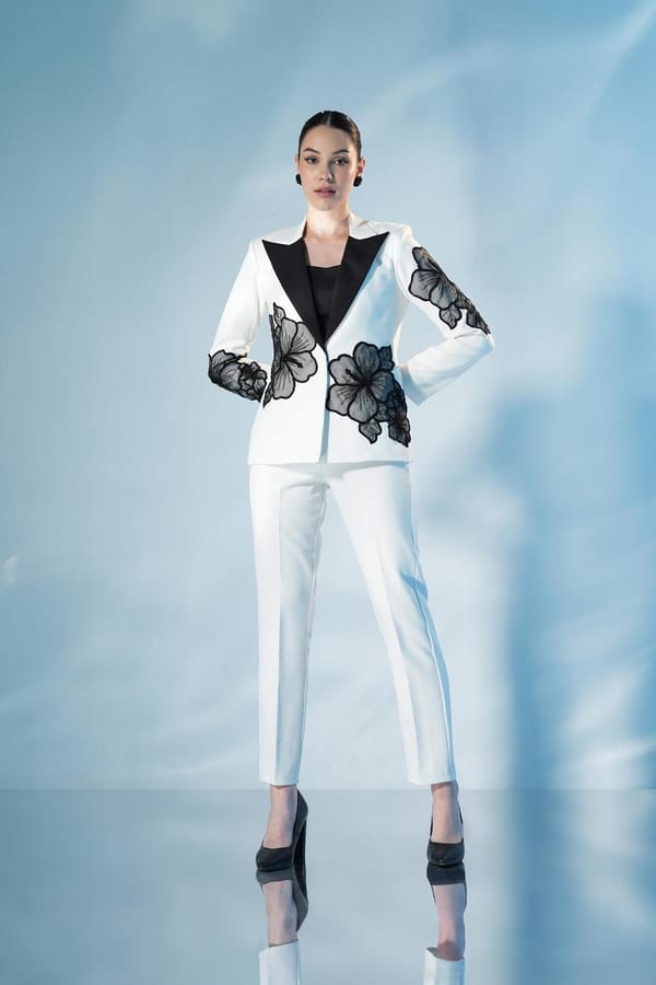 Ivory Blazer, Bustier and Black Flared Pants Co-ord Set — Label IRIS