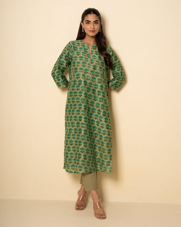 Moss Garden Chanderi Green Floral Block Print Kurta Set (Set of 2) — Kameez