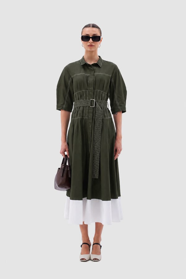 Millitiary Green Cotton Poplin Belted Shirt Midi Dress — NOTEBOOK