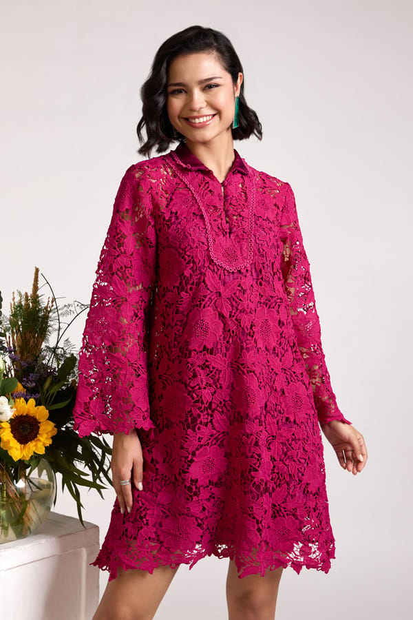 Hot Pink Lace A-Line Mini Dress with Mandarin Collar — AVERIE