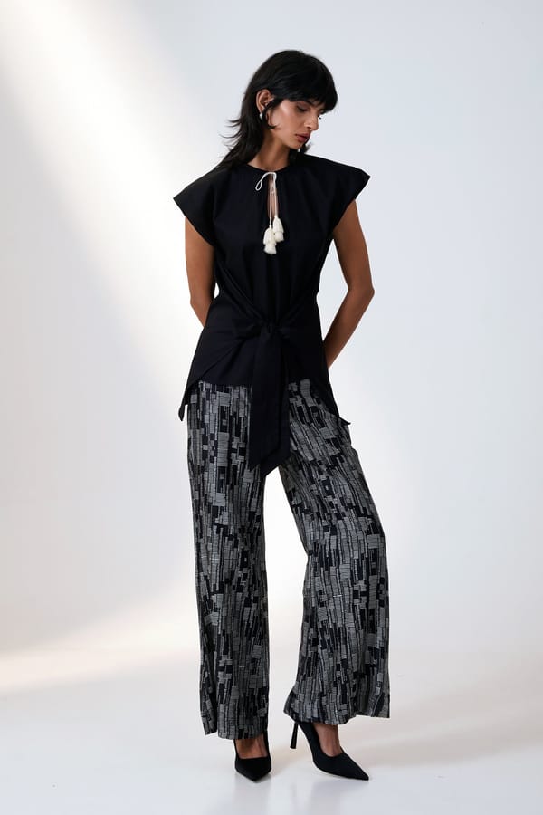 Black and Grey Printed Bell Bottom Trousers — Madder Much