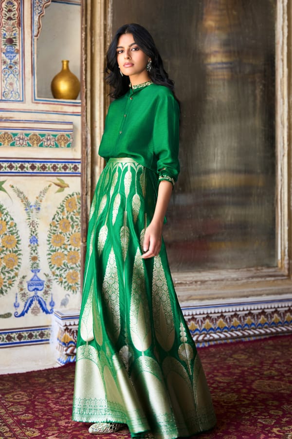 Embroidered Motif Textured Shirt Benare Brocade Flared Maxi Skirt — Dash and Dot