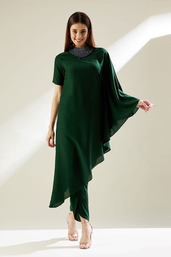 Bottle Green Asymmetric Tunic and Dhoti Pant Co-ord Set — Aakaar