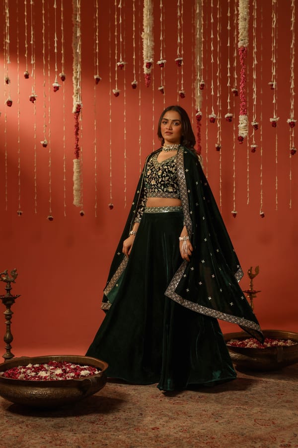 Green Velvet Embroidered Lehenga Set with V-Neck Choli — NARAYANI VASTRA
