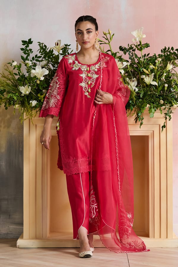 Red Chanderi Embroidered Straight Kurta Set with Dupatta — NIRVAIR CLOTHING
