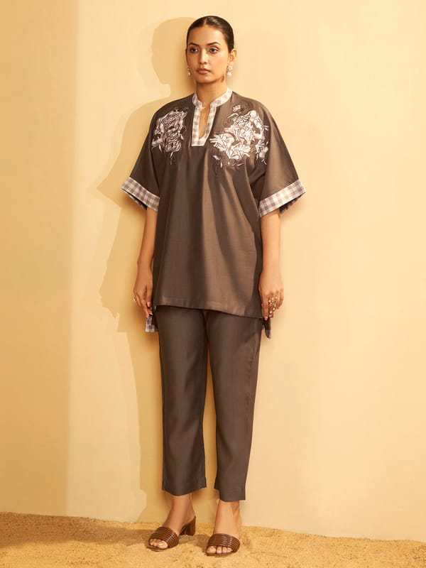 Chocolate Brown Embroidered V-Neck Co-ord Set — Truly SMA