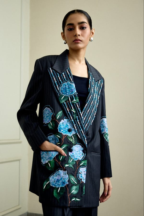 Blue Hand-Painted Floral Longline Pinstripe Blazer — THE FINICKY COLORIST