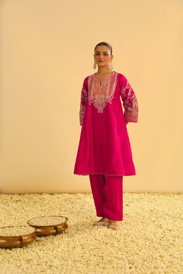 Hot Pink Embroidered Flared Kurta Set with Salwar — Sheetal Batra