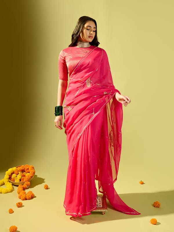 Hot Pink Keri Jaal Saree With Stripe Blouse — KOMAL SHAH