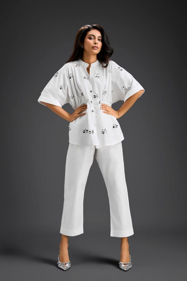 White Butterfly Embellished Drawstring Shirt & Wide-Leg Pants Set — Deepika Arora